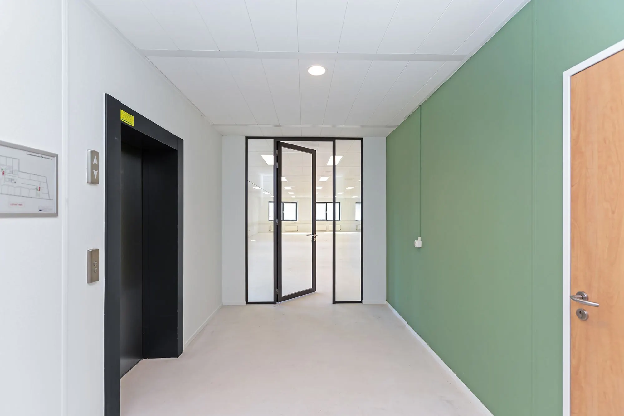 Hal met lift, groene muur en glazen deur naar lichte kantoorruimte aan de Boris Pasternaklaan.